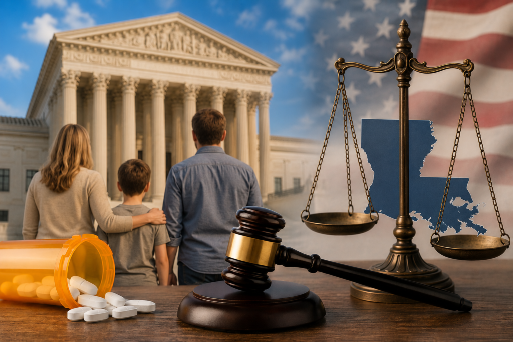 A family of three stands before a courthouse, with a gavel and scales of justice in the foreground and a spilled bottle of pills on the table nearby.