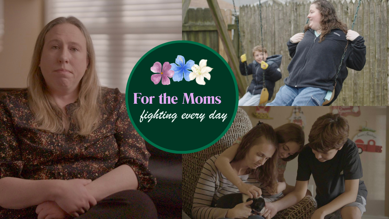 Banner collage celebrating moms with a central logo 'For the Moms fighting every day' and photos of a mom, kids on a swing, and teens with a pet.