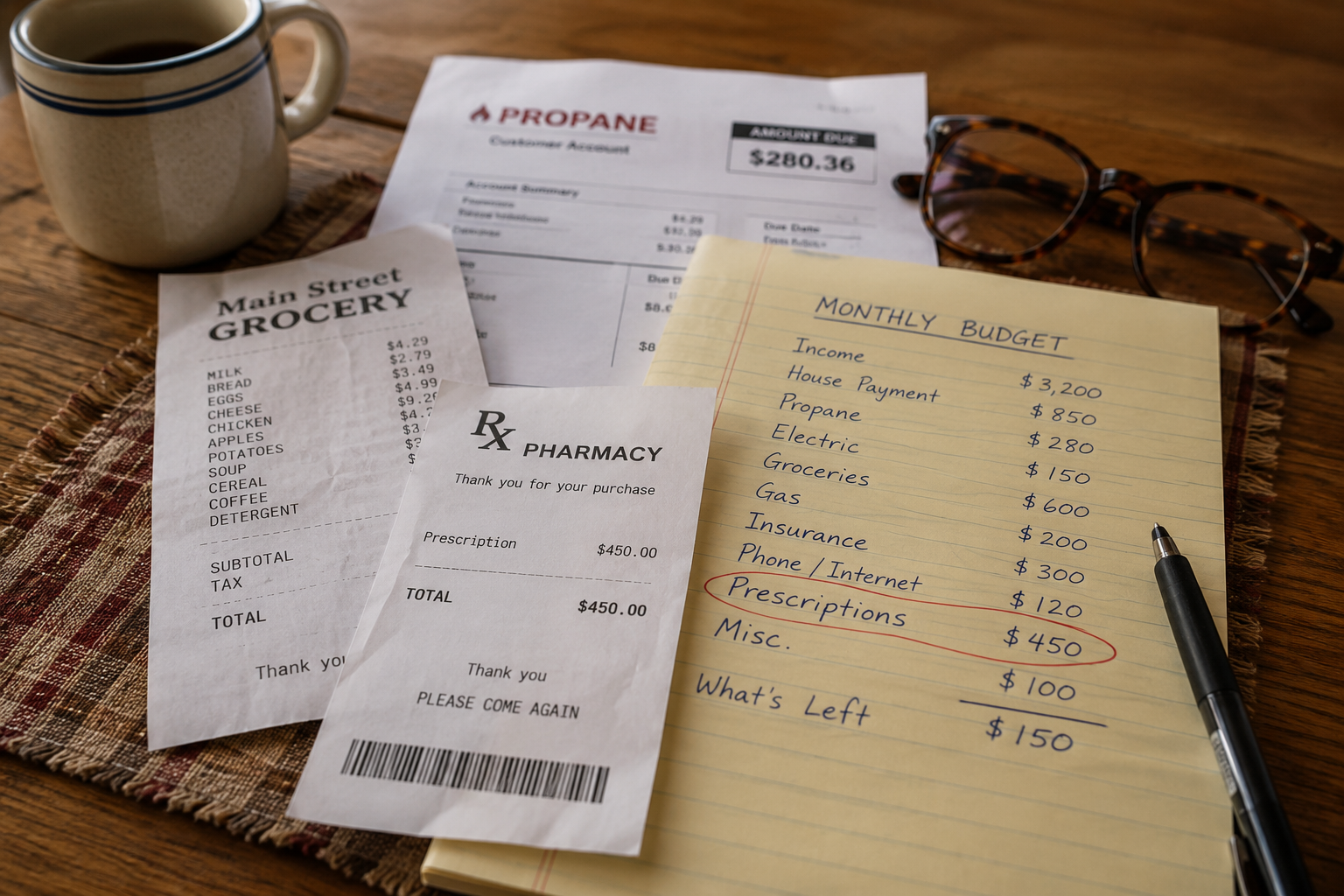 Budget planning flat lay: grocery list, pharmacy receipt, monthly budget notebook, glasses and a coffee mug on a wooden table.