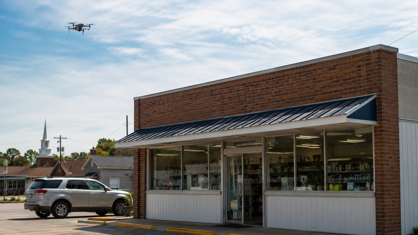 Drone flies over a brick storefront in a small town; a silver SUV is parked in front.