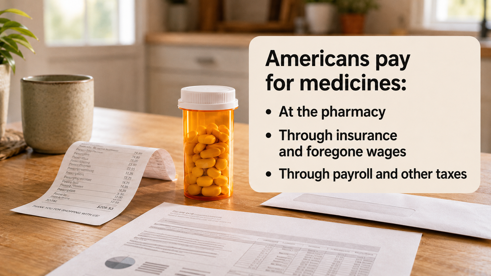 Sign explains how Americans pay for medicines: at the pharmacy, through insurance, wages, payroll and other taxes on a kitchen table setting.